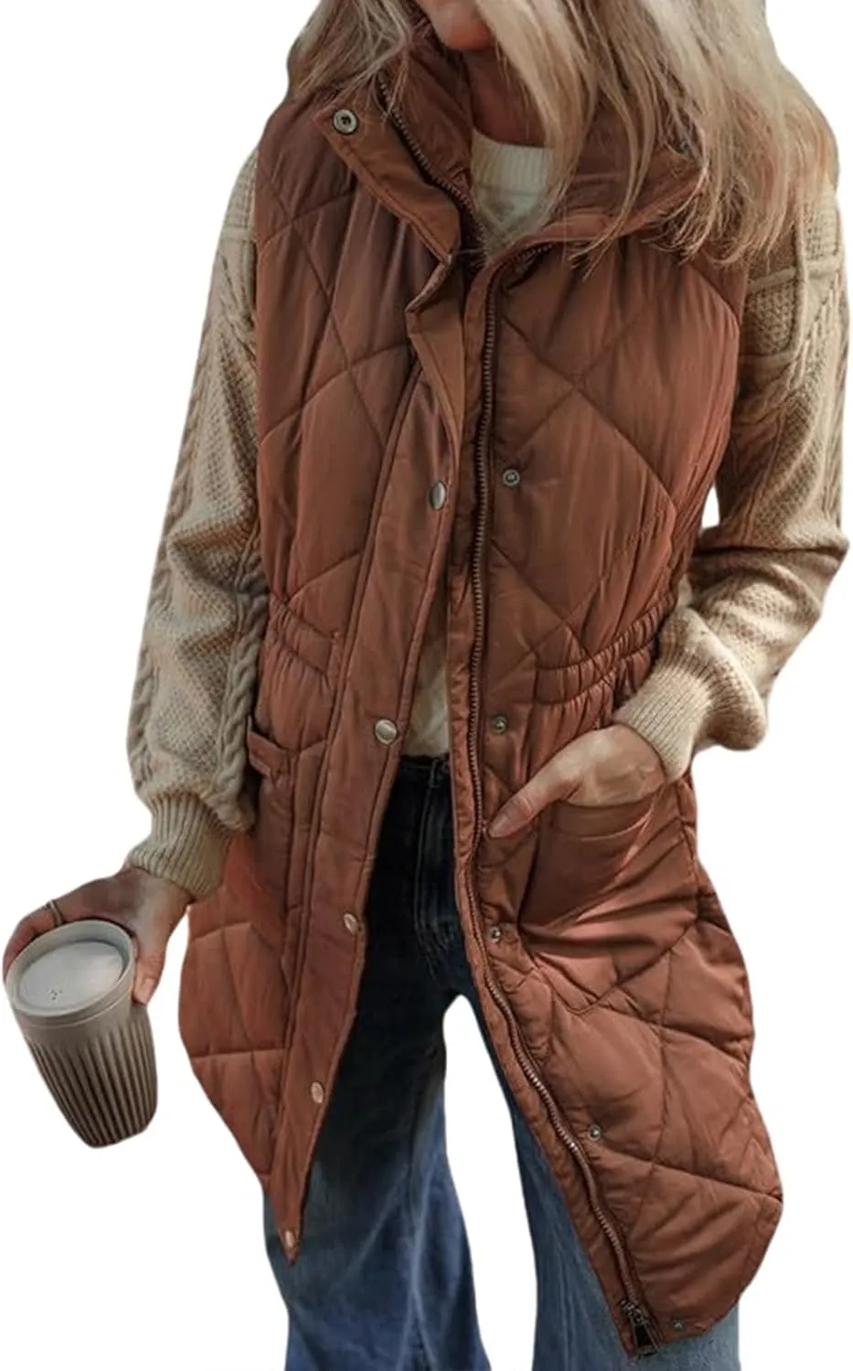 Women Long Vest Zip Up Puffer Jacket Casual Sleeveless Down Coat Stand Collar Long Jacket Puffy Vest with Pockets