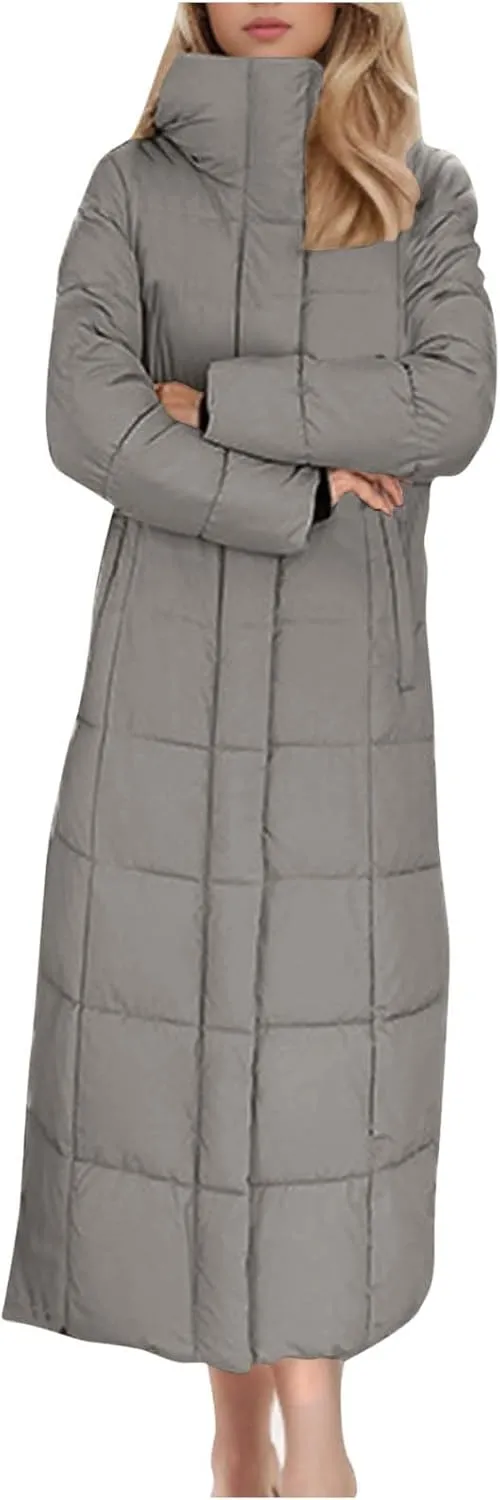 Women Quilted Long Puffer Jacket Winter Heavyweight Warm Down Coats Casual Long Sleeve Hooded Padded Outwear