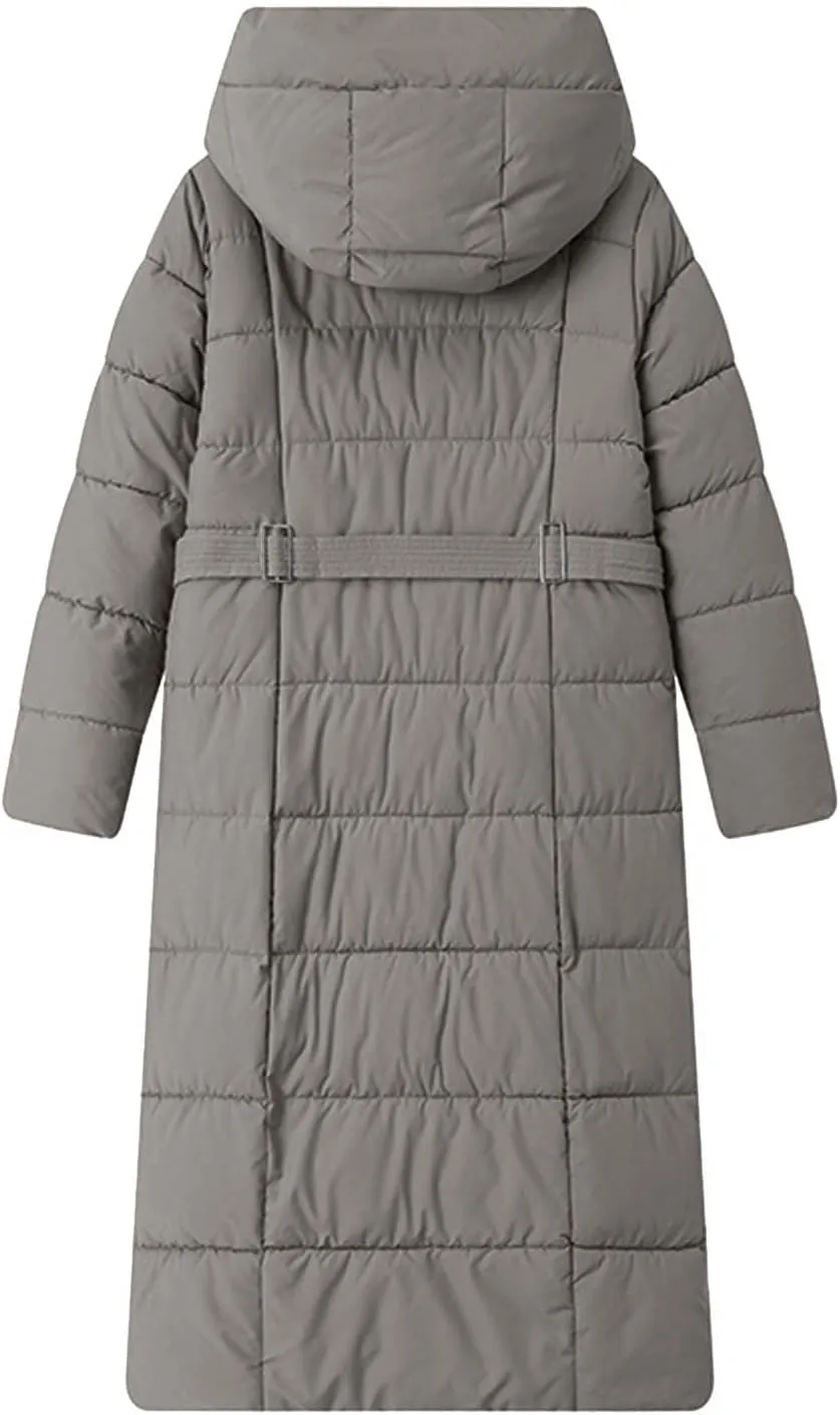 Women Quilted Long Puffer Jacket Winter Heavyweight Warm Down Coats Casual Long Sleeve Hooded Padded Outwear