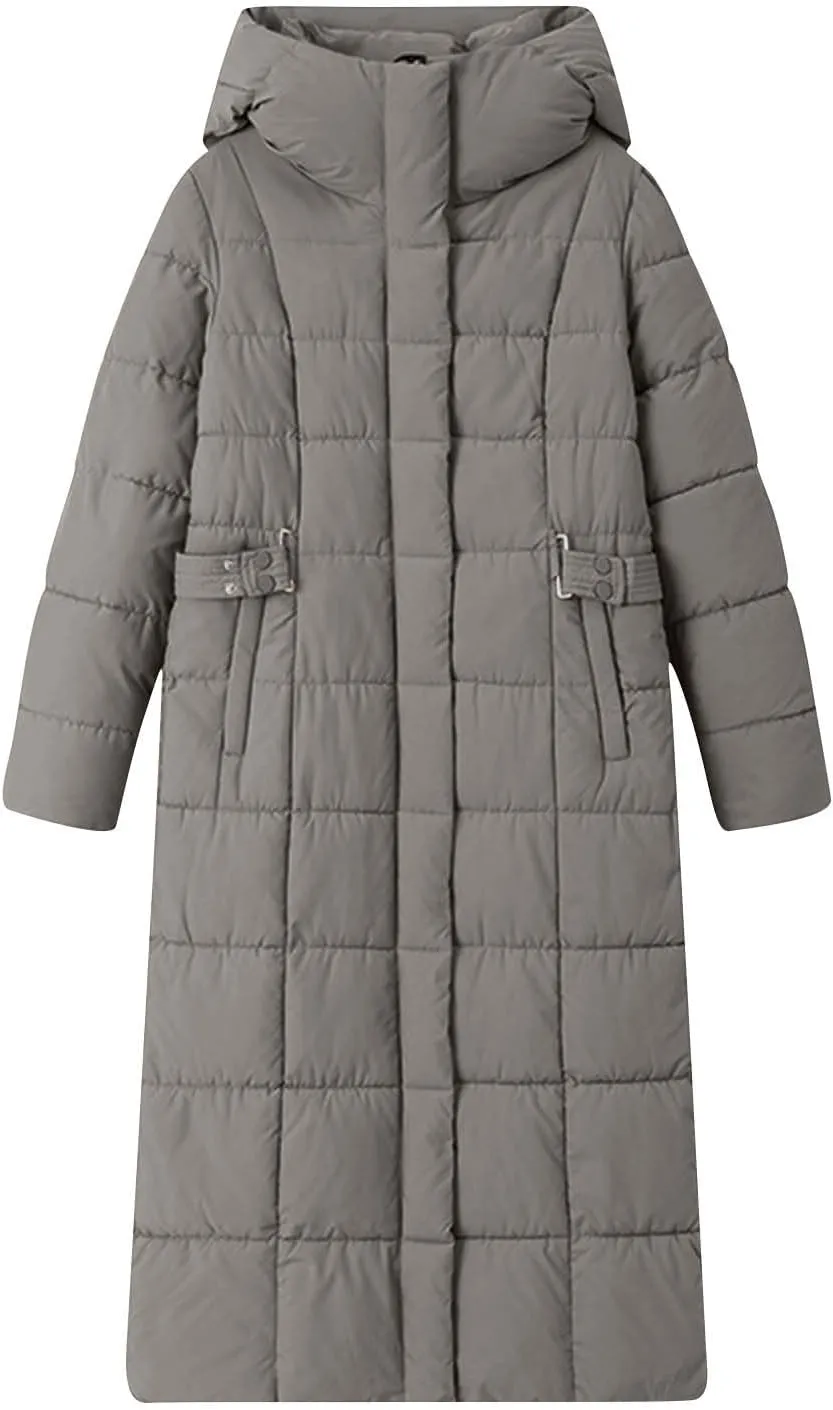 Women Quilted Long Puffer Jacket Winter Heavyweight Warm Down Coats Casual Long Sleeve Hooded Padded Outwear