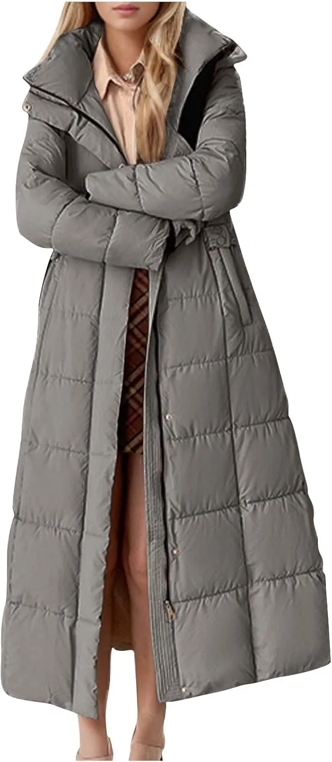Women Quilted Long Puffer Jacket Winter Heavyweight Warm Down Coats Casual Long Sleeve Hooded Padded Outwear