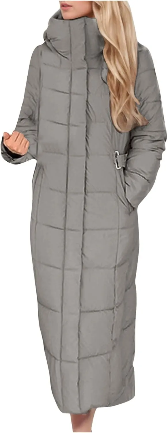 Women Quilted Long Puffer Jacket Winter Heavyweight Warm Down Coats Casual Long Sleeve Hooded Padded Outwear