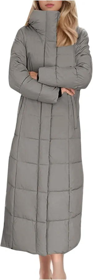Women Quilted Long Puffer Jacket Winter Heavyweight Warm Down Coats Casual Long Sleeve Hooded Padded Outwear