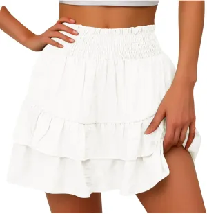 Women Ruffle Mini Skirts Smocked Waist Pleated Tiered Ruffle Hem Short Skirt Summer Casual Half Dress 2025 New
