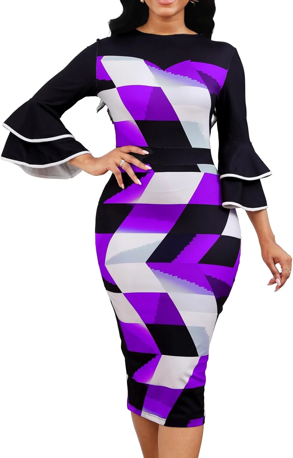 Women Sexy Dresses Bodycon Church 3/4 Sleeve African Print Pencil Party Office Dress Work with Split