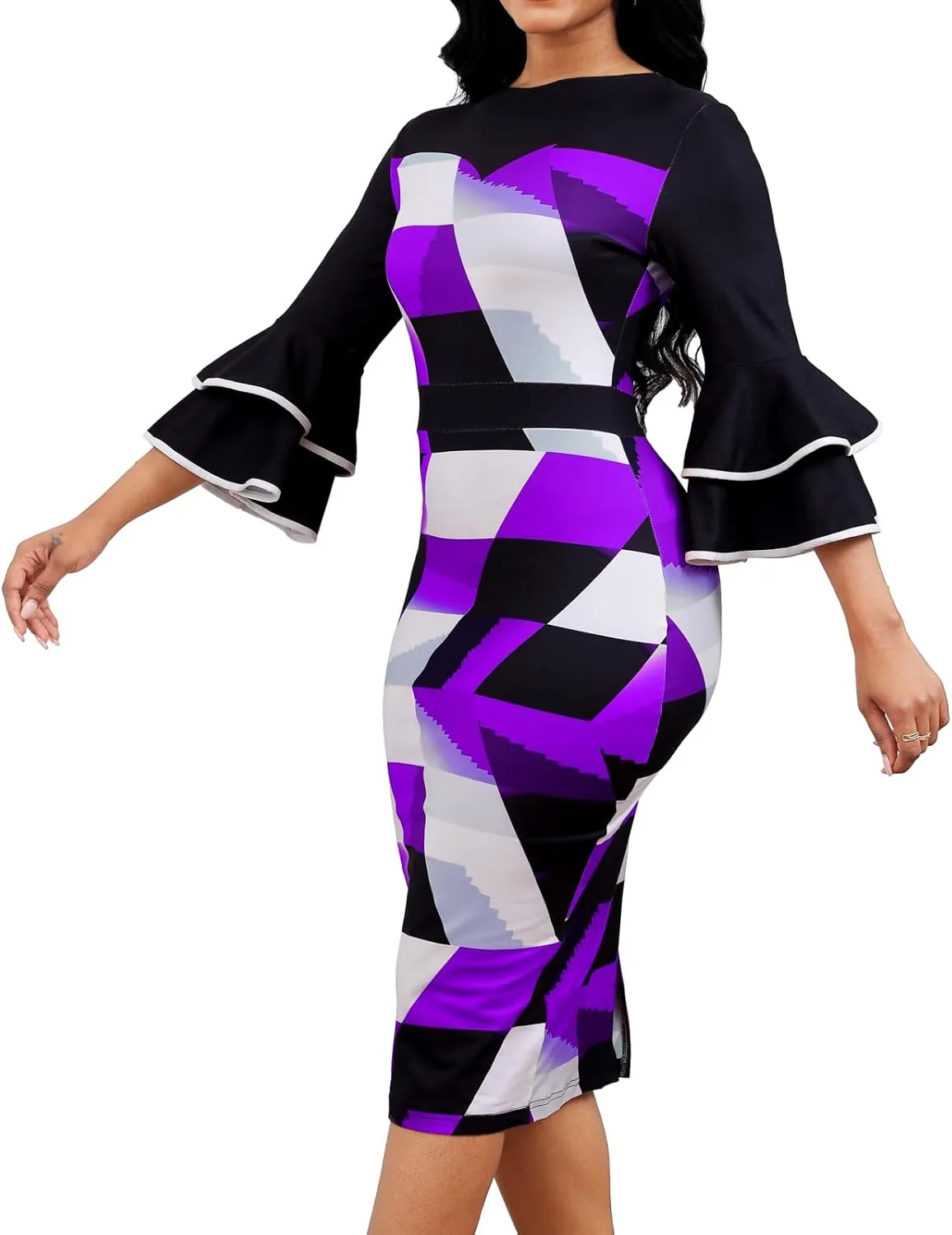 Women Sexy Dresses Bodycon Church 3/4 Sleeve African Print Pencil Party Office Dress Work with Split