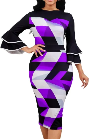 Women Sexy Dresses Bodycon Church 3/4 Sleeve African Print Pencil Party Office Dress Work with Split