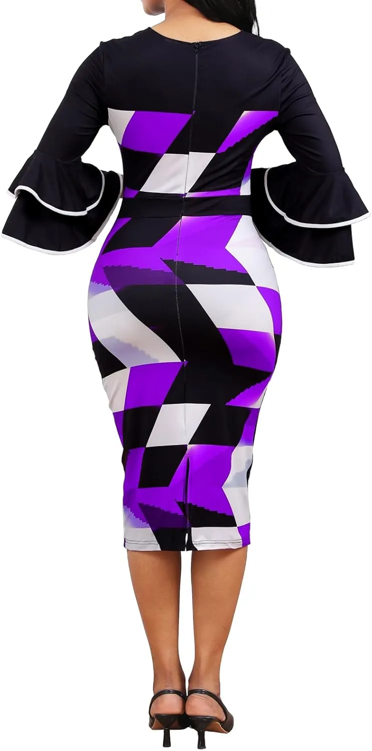 Women Sexy Dresses Bodycon Church 3/4 Sleeve African Print Pencil Party Office Dress Work with Split