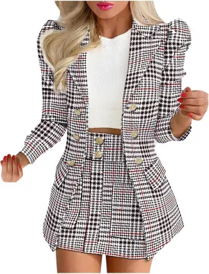 Women's 2 Piece Outfits Casual Solid Long Sleeve Suits Button Work Coat High Waist Blazer Jacket and Mini Skirt Set