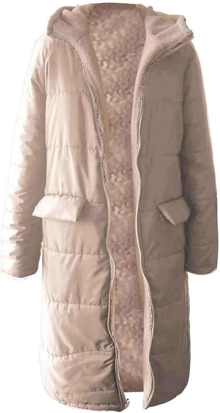 Women's 2024 Winter Fashion Clothes Outerwear with Pockets Hooded Fleece Jacket Full Zip Black Padded Coats