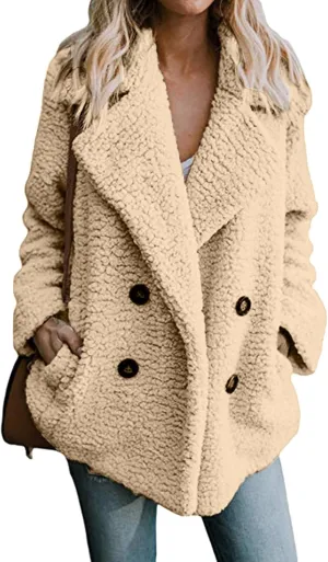 Women's 2024 Winter Faux Fur Coats Lapel Long Sleeve Fuzzy Fleece Outerwear Button Sherpa Trench Jackets Fall Outfits