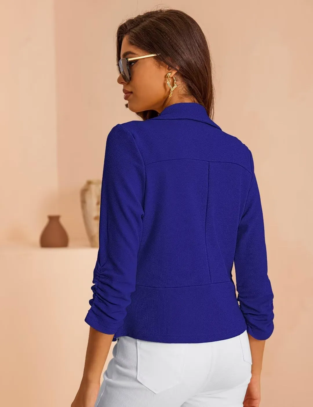 Women's 3/4 Sleeve Cropped Blazer Lightweight Open Front Cardigan Jacket for Business Causal S-XL