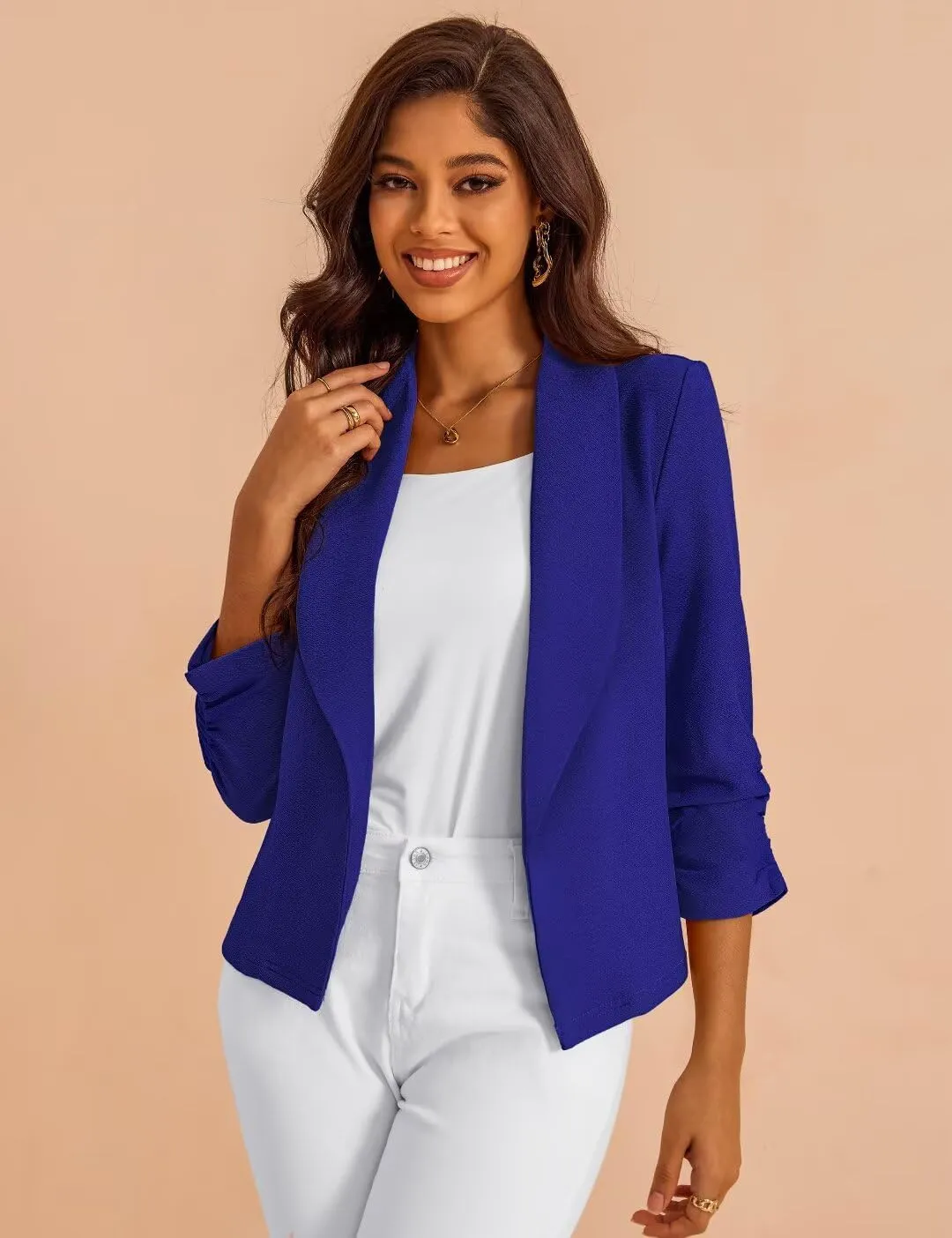 Women's 3/4 Sleeve Cropped Blazer Lightweight Open Front Cardigan Jacket for Business Causal S-XL