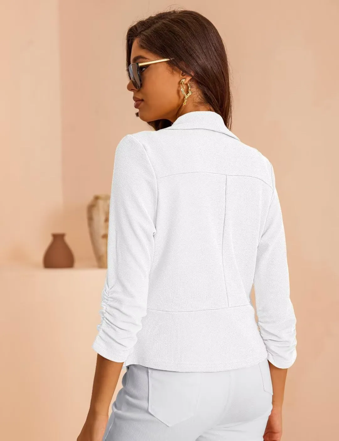 Women's 3/4 Sleeve Cropped Blazer Lightweight Open Front Cardigan Jacket for Business Causal S-XL