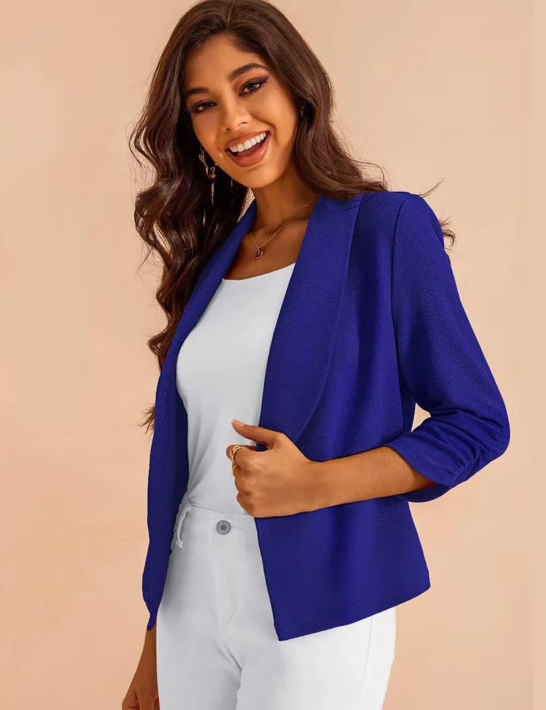 Women's 3/4 Sleeve Cropped Blazer Lightweight Open Front Cardigan Jacket for Business Causal S-XL