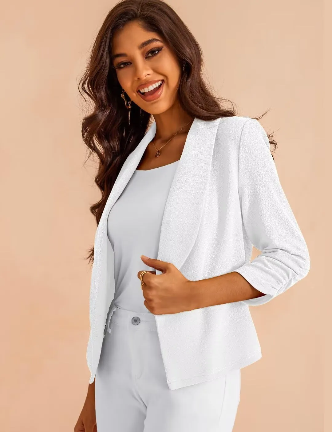 Women's 3/4 Sleeve Cropped Blazer Lightweight Open Front Cardigan Jacket for Business Causal S-XL