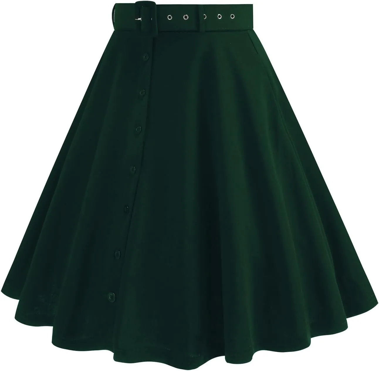 Womens A Line Flared Midi Skirt Vintage Stretch High Waisted Long Skirt Button Down Swing Skirt with Pockets and Belts