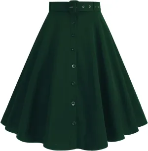 Womens A Line Flared Midi Skirt Vintage Stretch High Waisted Long Skirt Button Down Swing Skirt with Pockets and Belts