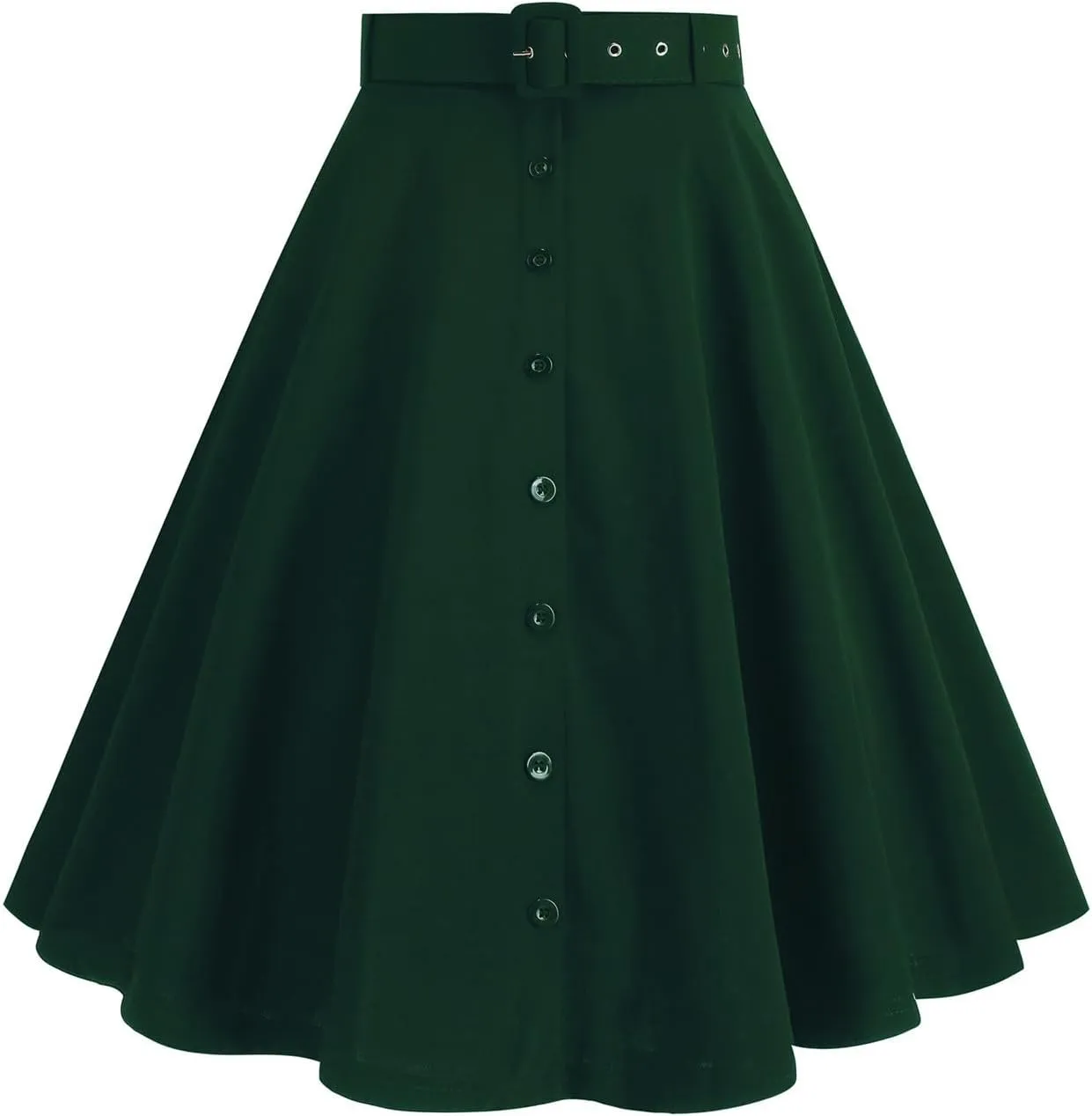 Womens A Line Flared Midi Skirt Vintage Stretch High Waisted Long Skirt Button Down Swing Skirt with Pockets and Belts