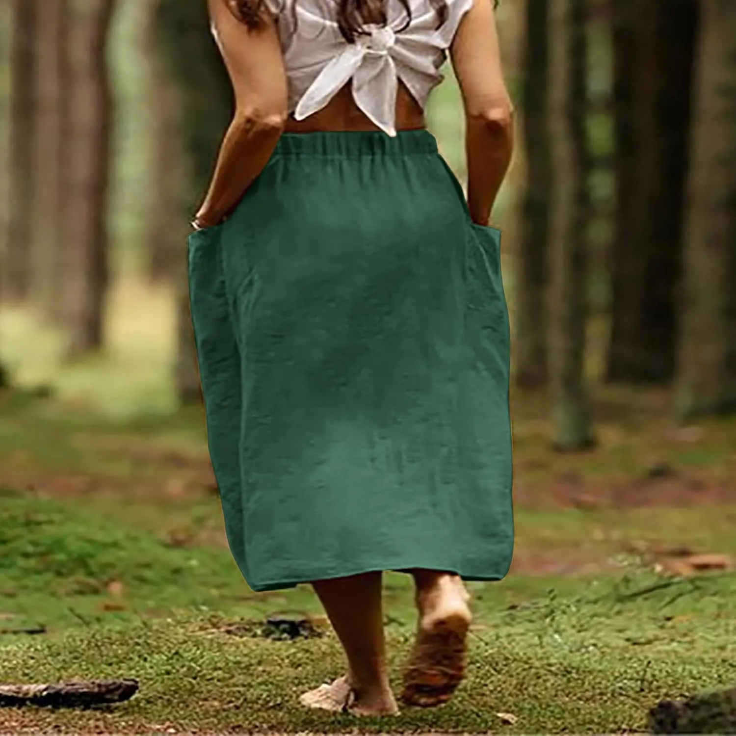 Womens Beach Skirts Summer Comfy Cotton Linen Skirts Basic Solid Color Elastic Waist A-Line Midi Skirts with Pockets