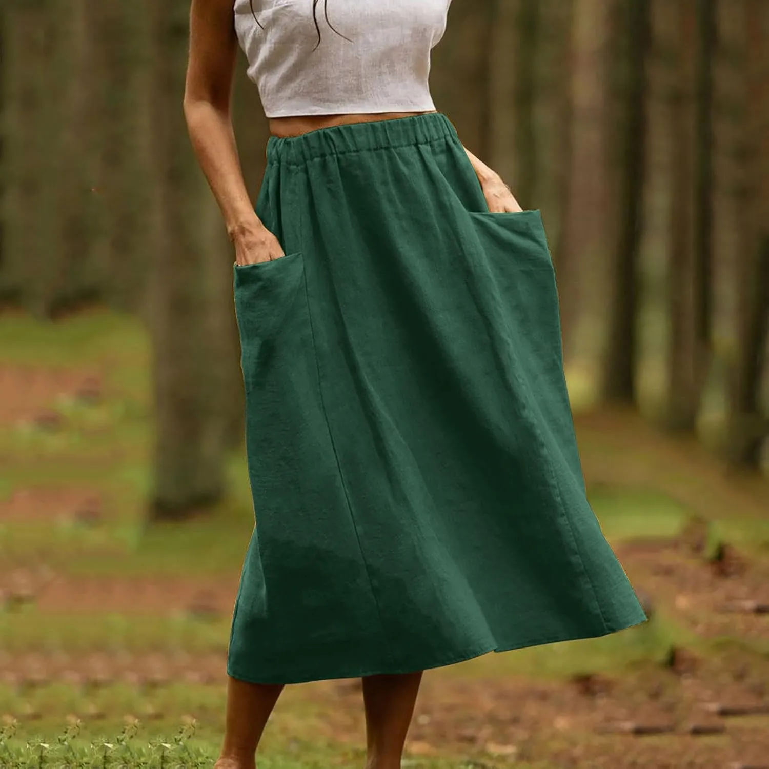 Womens Beach Skirts Summer Comfy Cotton Linen Skirts Basic Solid Color Elastic Waist A-Line Midi Skirts with Pockets