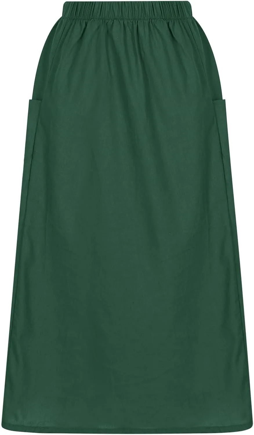Womens Beach Skirts Summer Comfy Cotton Linen Skirts Basic Solid Color Elastic Waist A-Line Midi Skirts with Pockets