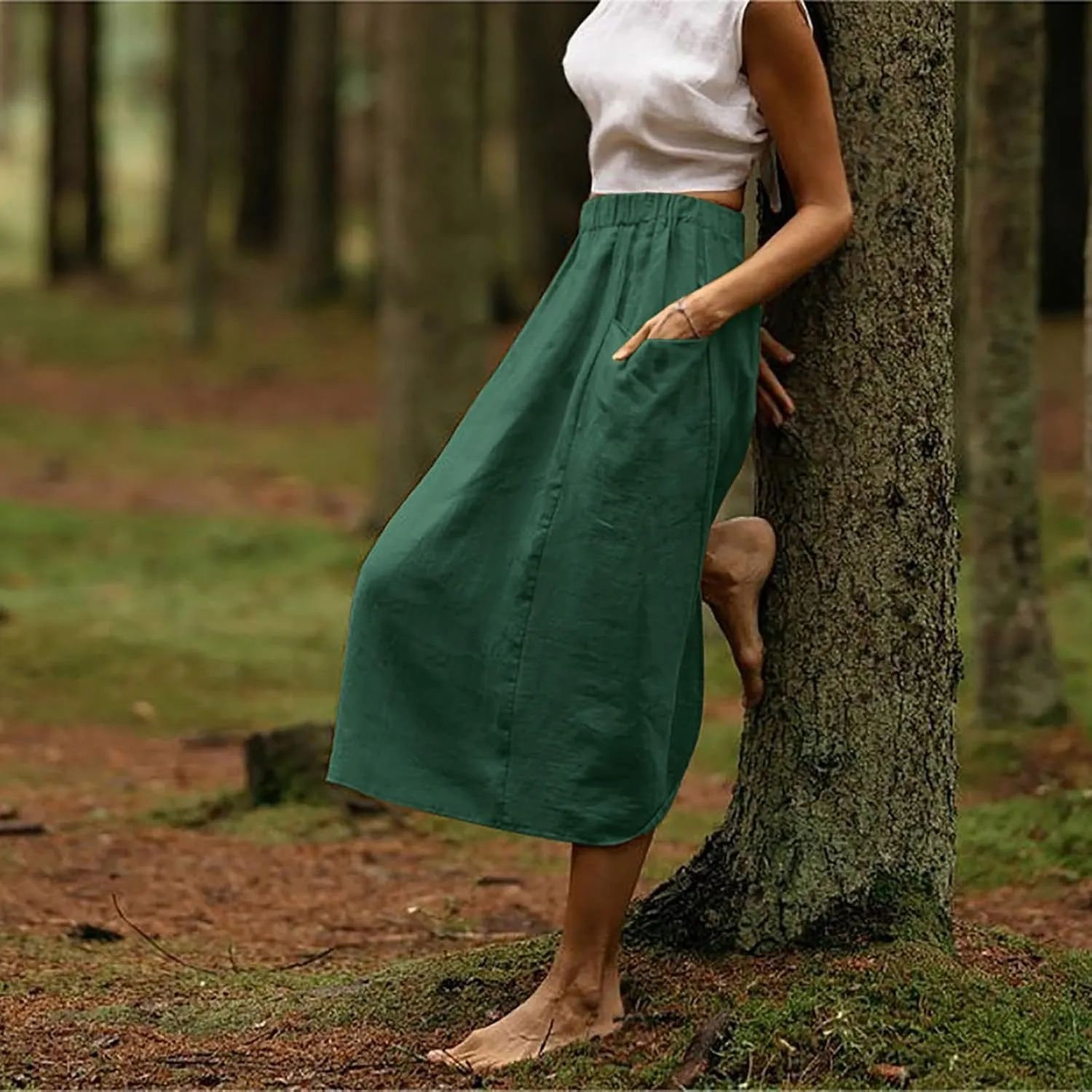 Womens Beach Skirts Summer Comfy Cotton Linen Skirts Basic Solid Color Elastic Waist A-Line Midi Skirts with Pockets