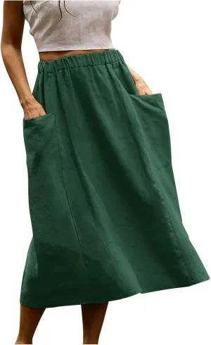 Womens Beach Skirts Summer Comfy Cotton Linen Skirts Basic Solid Color Elastic Waist A-Line Midi Skirts with Pockets