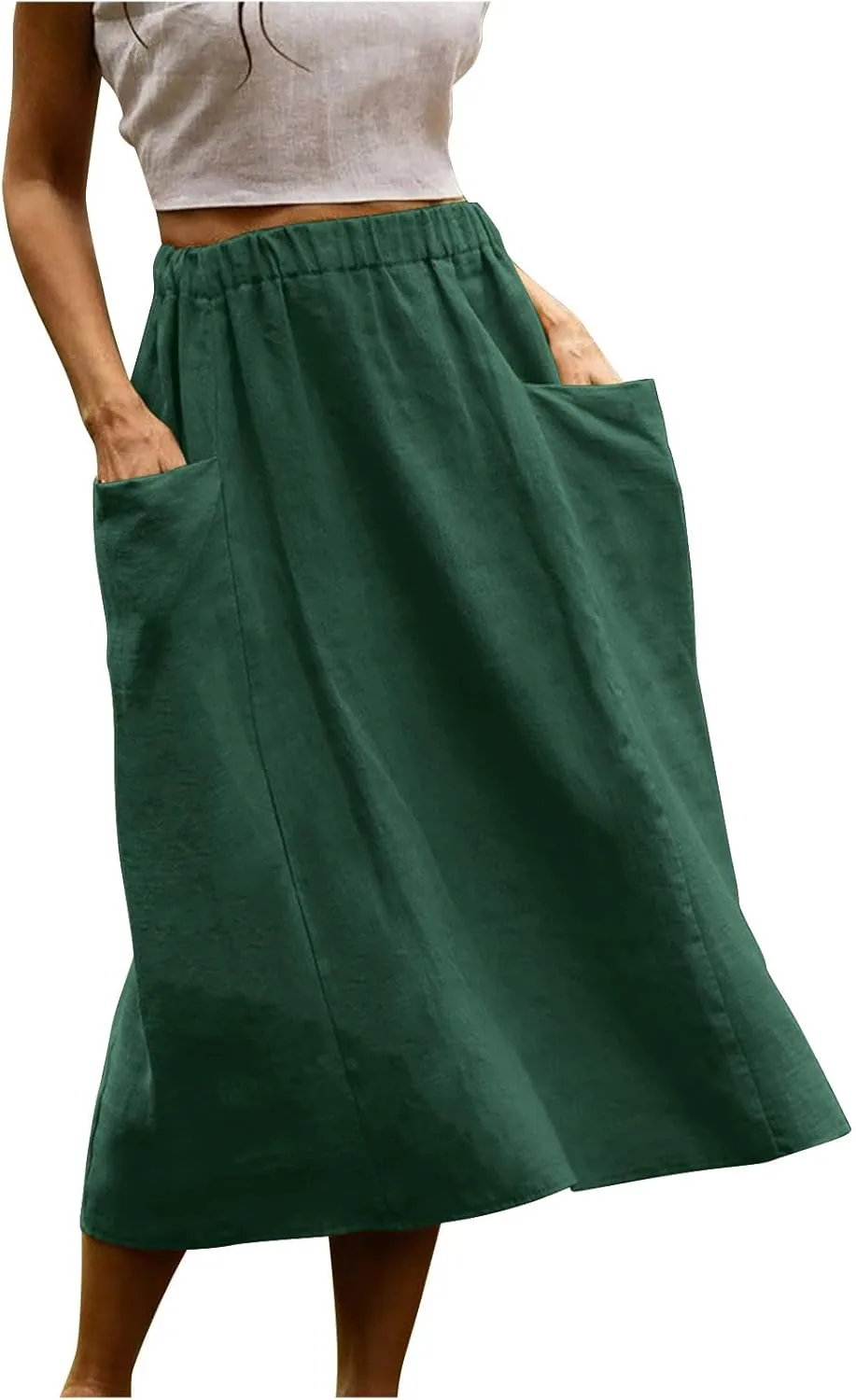Womens Beach Skirts Summer Comfy Cotton Linen Skirts Basic Solid Color Elastic Waist A-Line Midi Skirts with Pockets