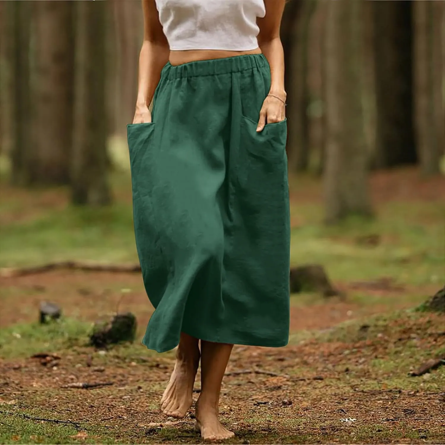 Womens Beach Skirts Summer Comfy Cotton Linen Skirts Basic Solid Color Elastic Waist A-Line Midi Skirts with Pockets