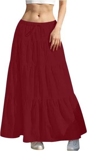 Women's Beach Vacation Skirts Summer Flowy Ruffle Boho Pleated Drawstring Maxi Skirt Casual Fashion Flowy Skirts