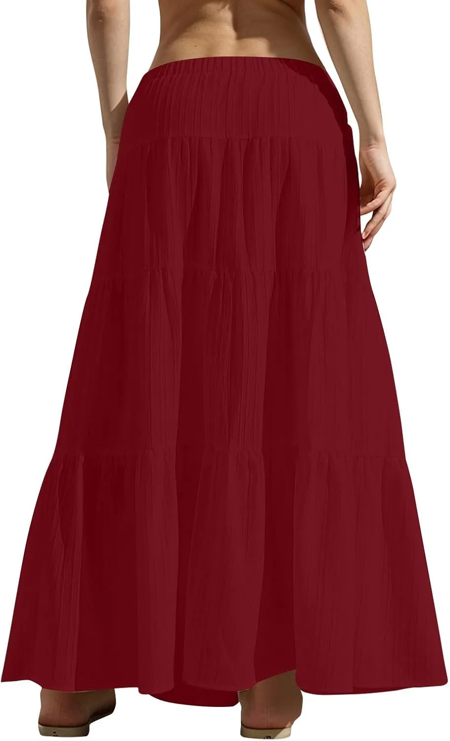 Women's Beach Vacation Skirts Summer Flowy Ruffle Boho Pleated Drawstring Maxi Skirt Casual Fashion Flowy Skirts