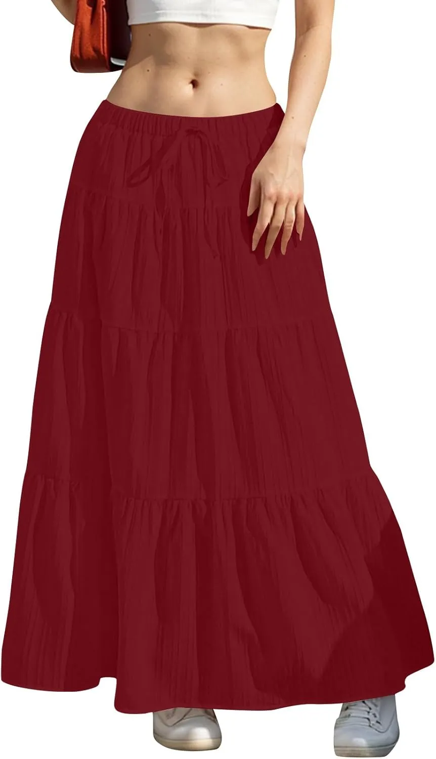 Women's Beach Vacation Skirts Summer Flowy Ruffle Boho Pleated Drawstring Maxi Skirt Casual Fashion Flowy Skirts