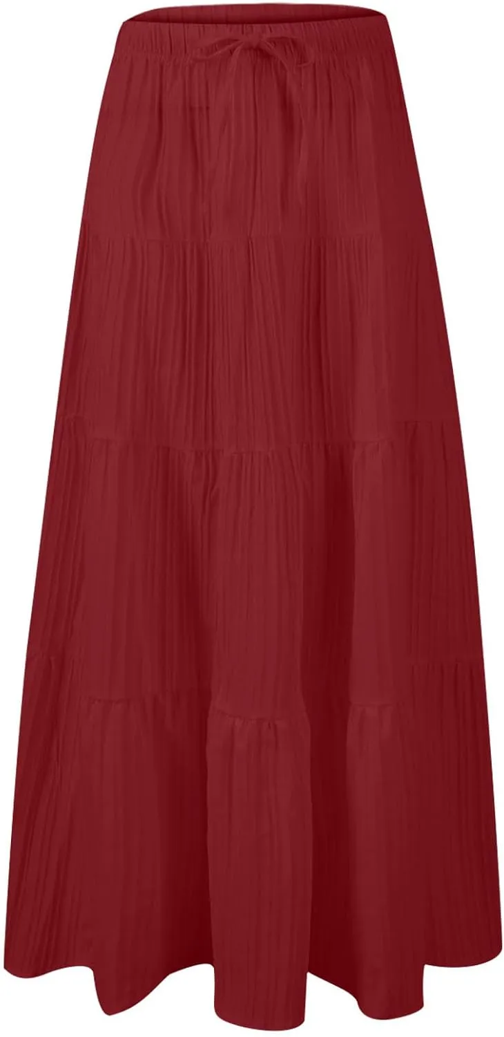 Women's Beach Vacation Skirts Summer Flowy Ruffle Boho Pleated Drawstring Maxi Skirt Casual Fashion Flowy Skirts