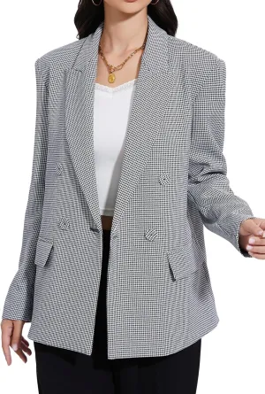 Women's Blazer Oversized Boyfriend Double Breasted Houndstooth Plaid Jacket - Lightweight Business Casual Blazers
