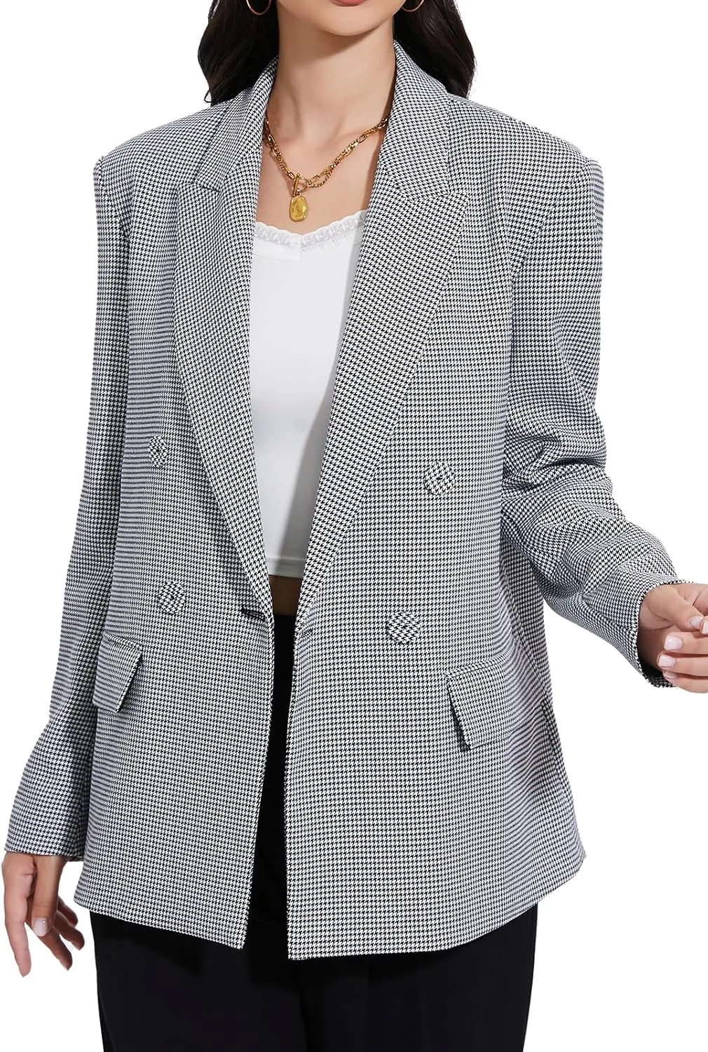 Women's Blazer Oversized Boyfriend Double Breasted Houndstooth Plaid Jacket - Lightweight Business Casual Blazers