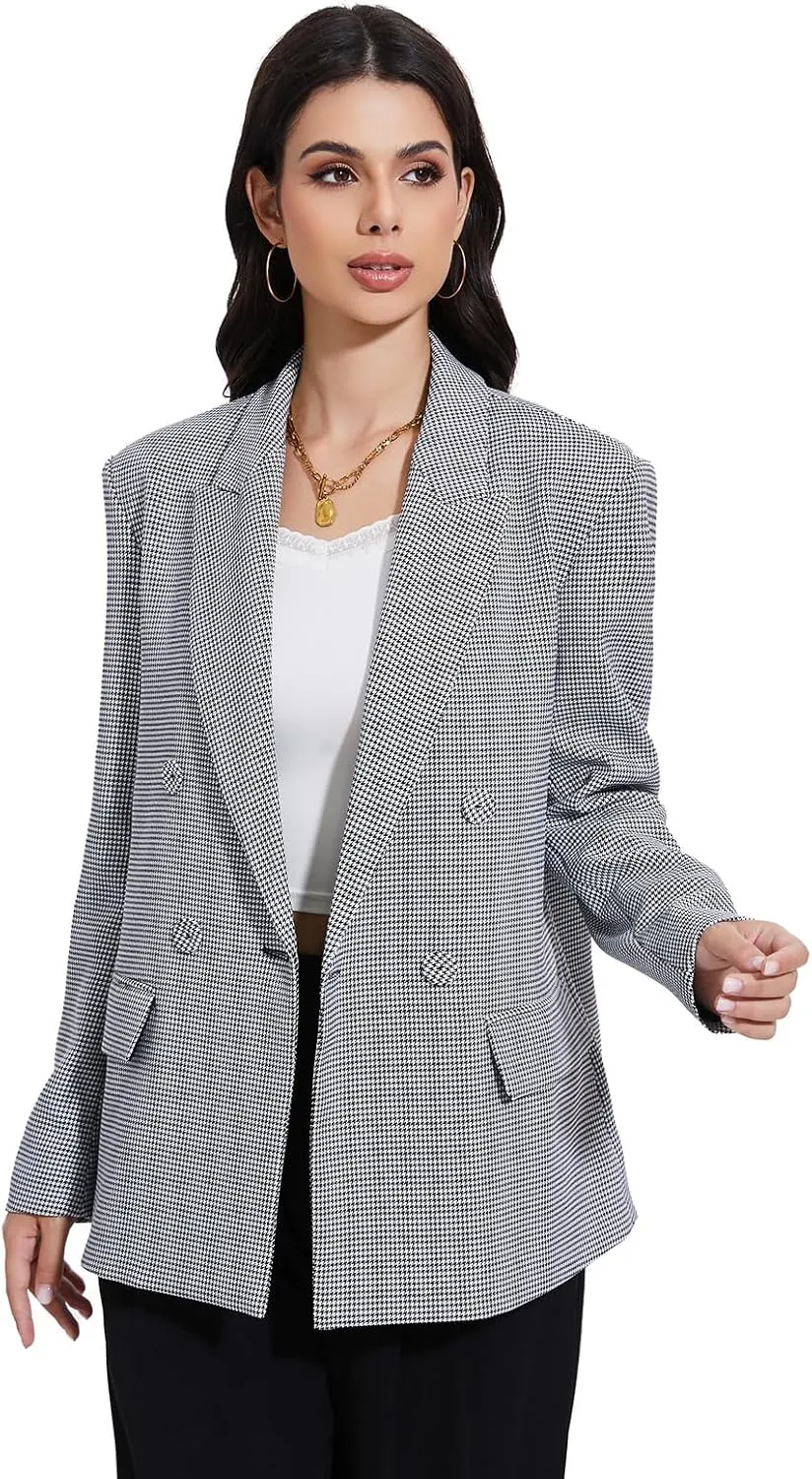 Women's Blazer Oversized Boyfriend Double Breasted Houndstooth Plaid Jacket - Lightweight Business Casual Blazers