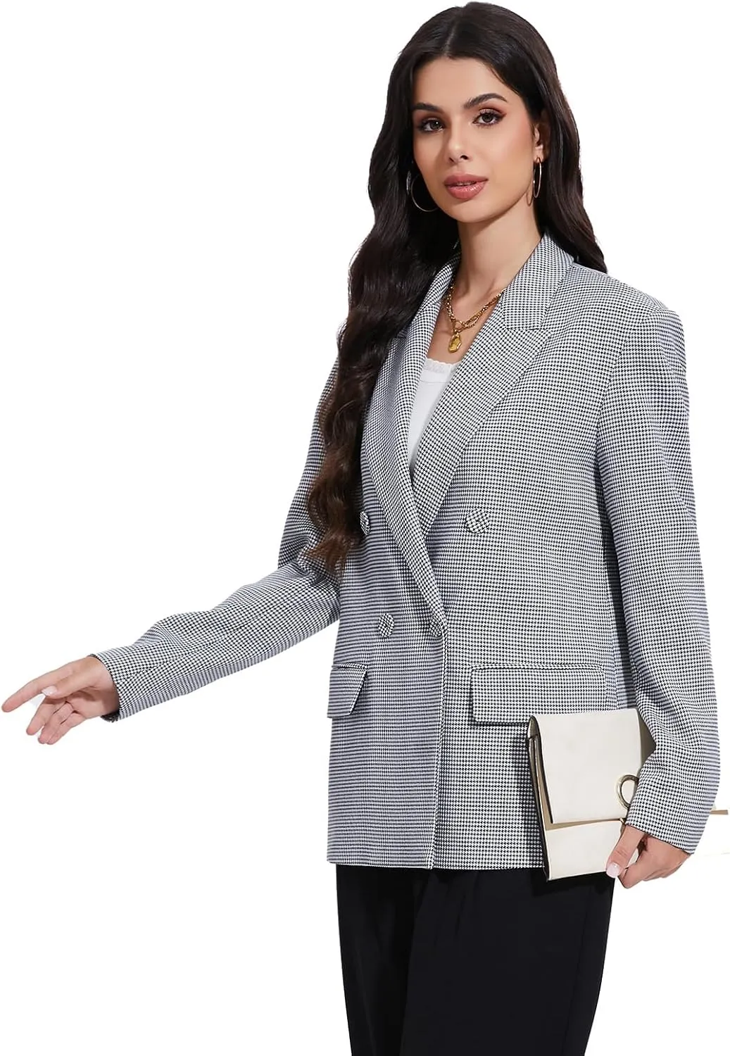 Women's Blazer Oversized Boyfriend Double Breasted Houndstooth Plaid Jacket - Lightweight Business Casual Blazers