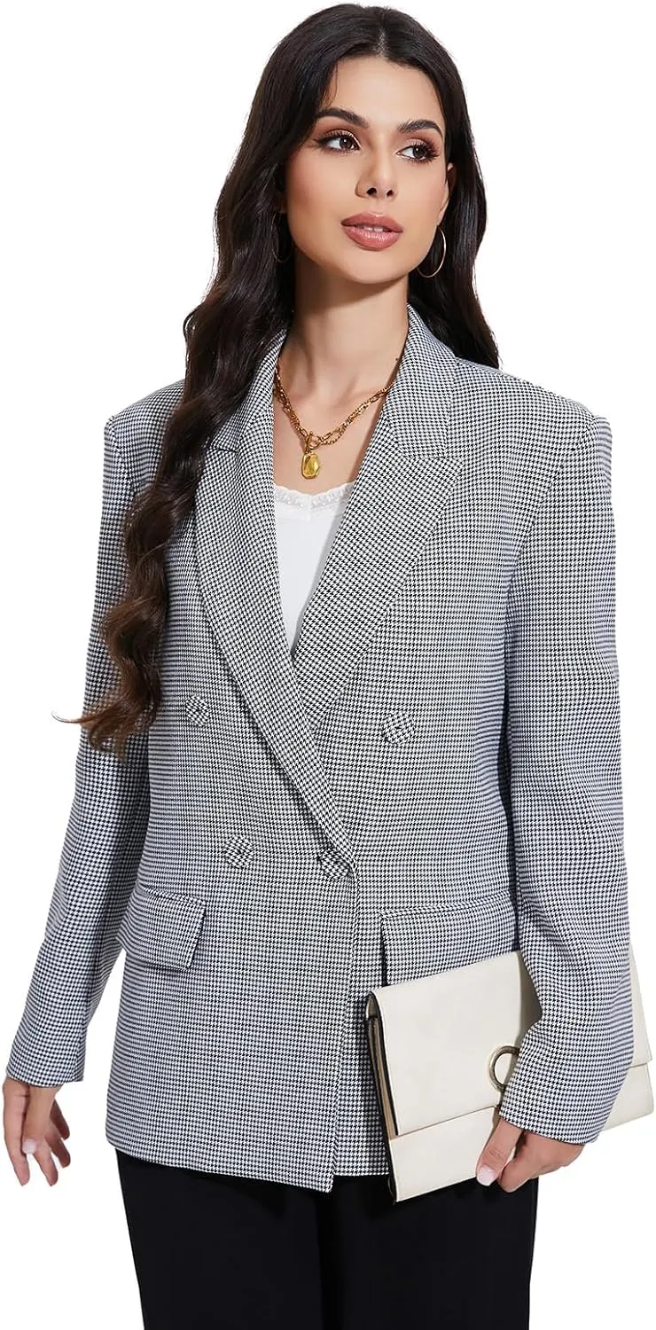 Women's Blazer Oversized Boyfriend Double Breasted Houndstooth Plaid Jacket - Lightweight Business Casual Blazers