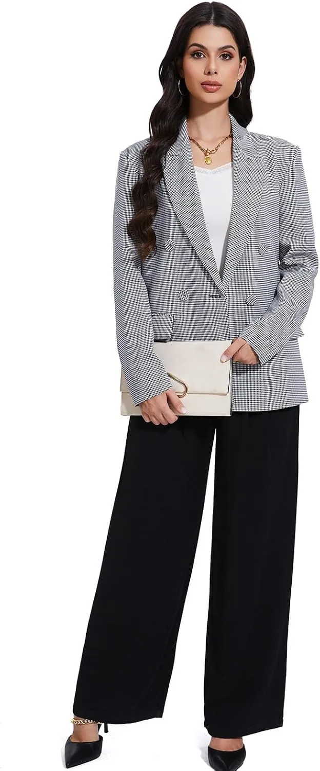 Women's Blazer Oversized Boyfriend Double Breasted Houndstooth Plaid Jacket - Lightweight Business Casual Blazers