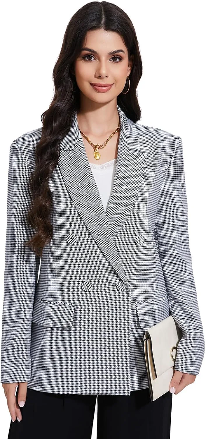 Women's Blazer Oversized Boyfriend Double Breasted Houndstooth Plaid Jacket - Lightweight Business Casual Blazers