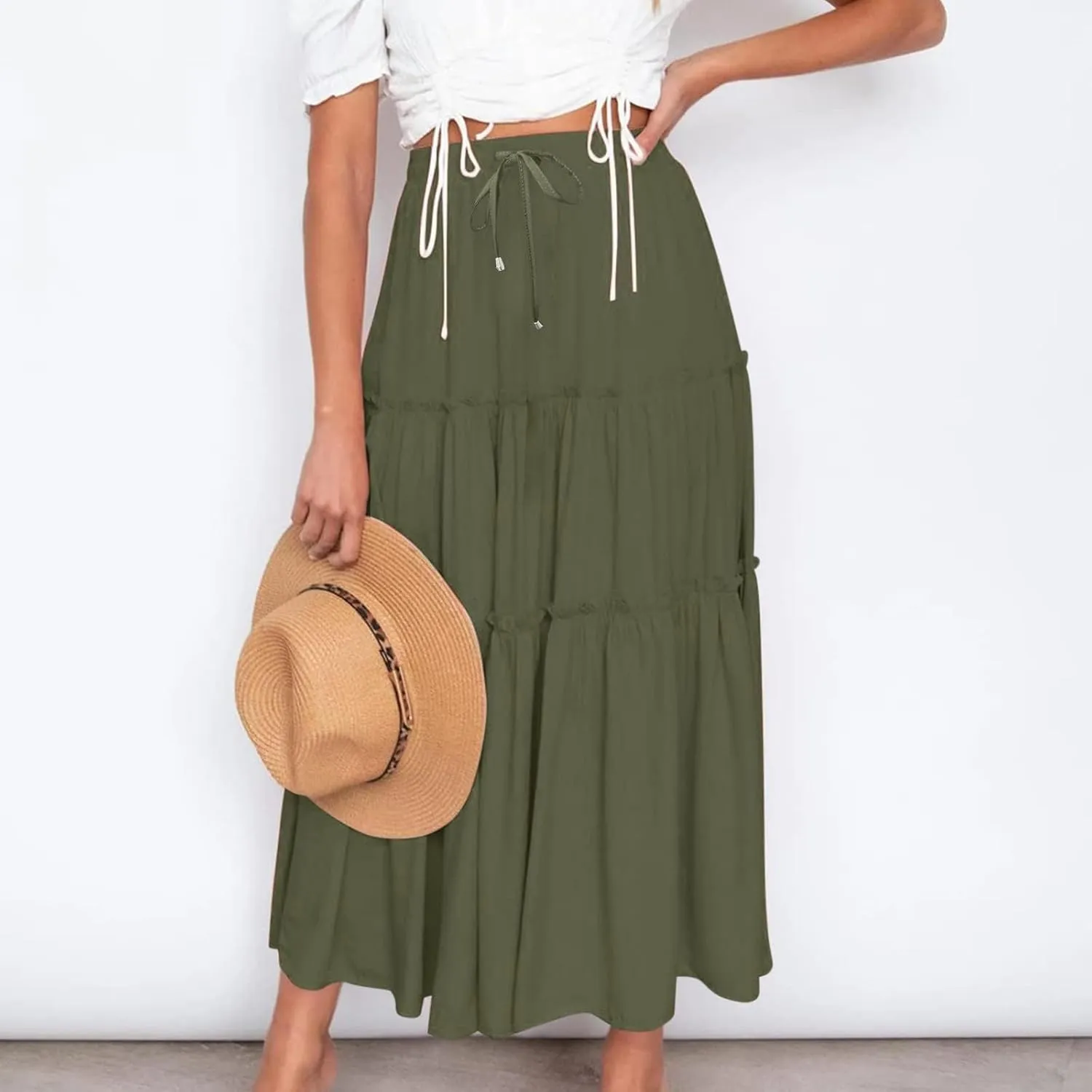Women's Boho Long Skirts Summer Casual Ruffle Tiered Swing Beach Dress Drawstring Elastic Waist A-Line Maxi Skirt