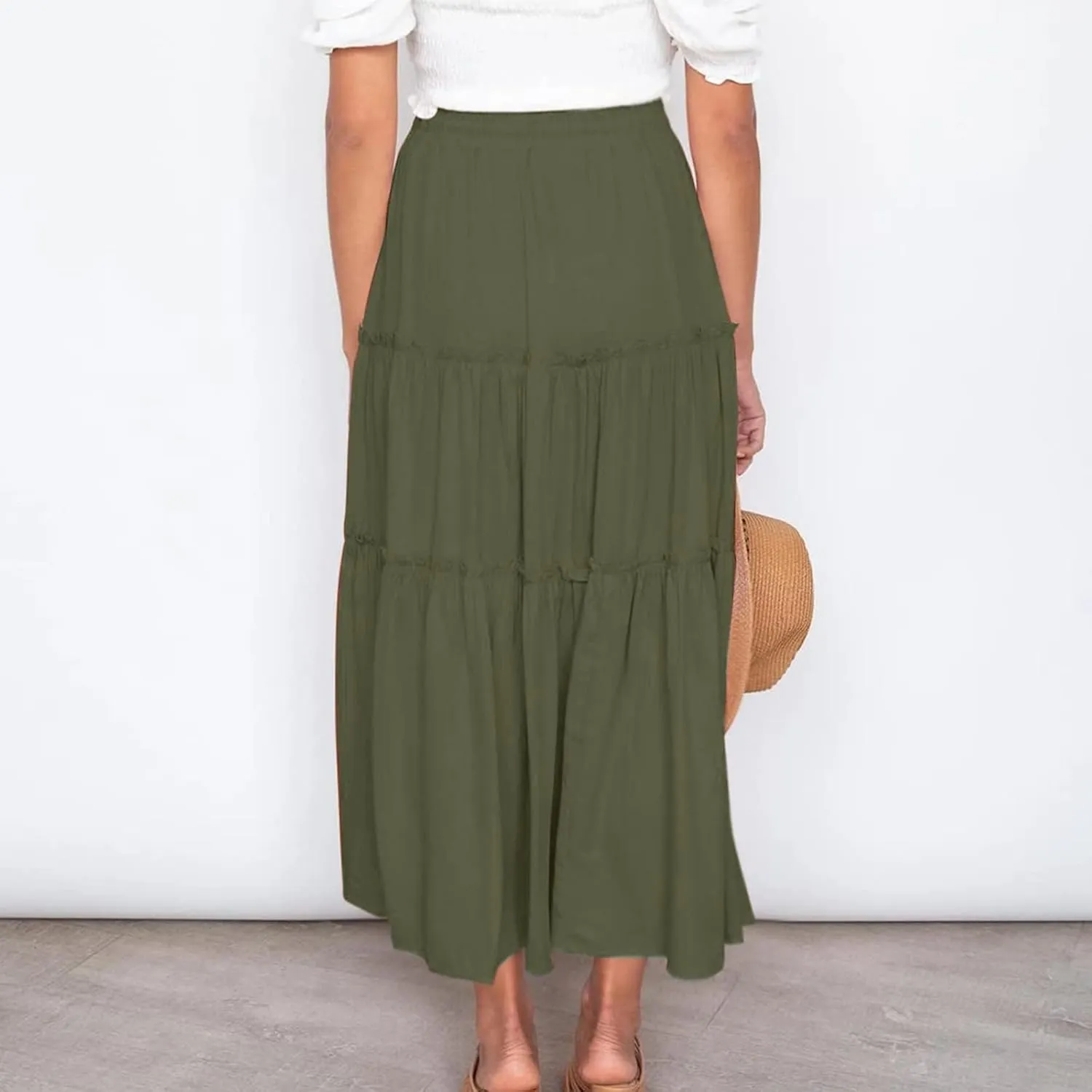 Women's Boho Long Skirts Summer Casual Ruffle Tiered Swing Beach Dress Drawstring Elastic Waist A-Line Maxi Skirt
