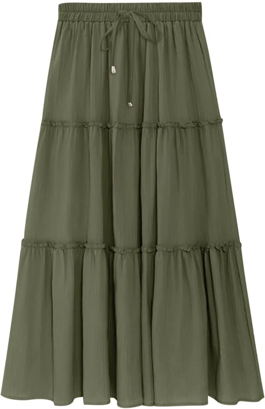 Women's Boho Long Skirts Summer Casual Ruffle Tiered Swing Beach Dress Drawstring Elastic Waist A-Line Maxi Skirt