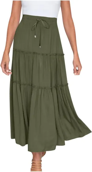 Women's Boho Long Skirts Summer Casual Ruffle Tiered Swing Beach Dress Drawstring Elastic Waist A-Line Maxi Skirt