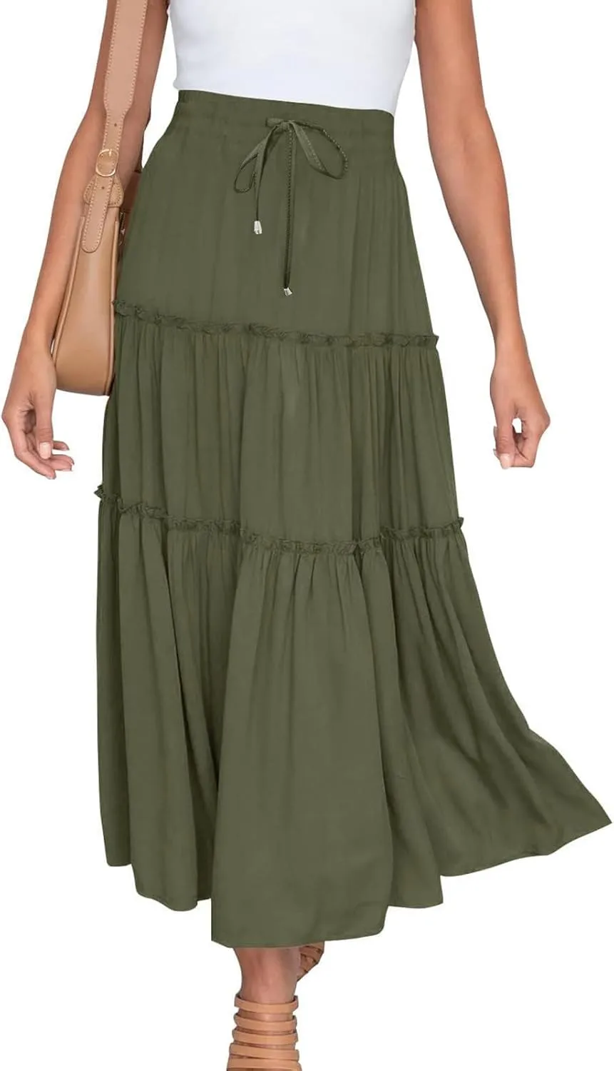 Women's Boho Long Skirts Summer Casual Ruffle Tiered Swing Beach Dress Drawstring Elastic Waist A-Line Maxi Skirt