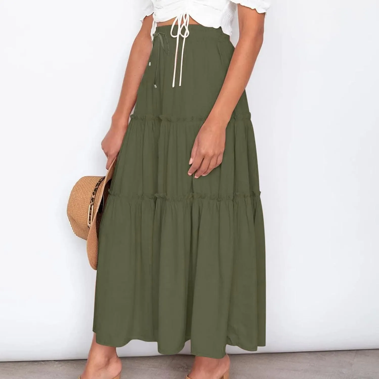 Women's Boho Long Skirts Summer Casual Ruffle Tiered Swing Beach Dress Drawstring Elastic Waist A-Line Maxi Skirt