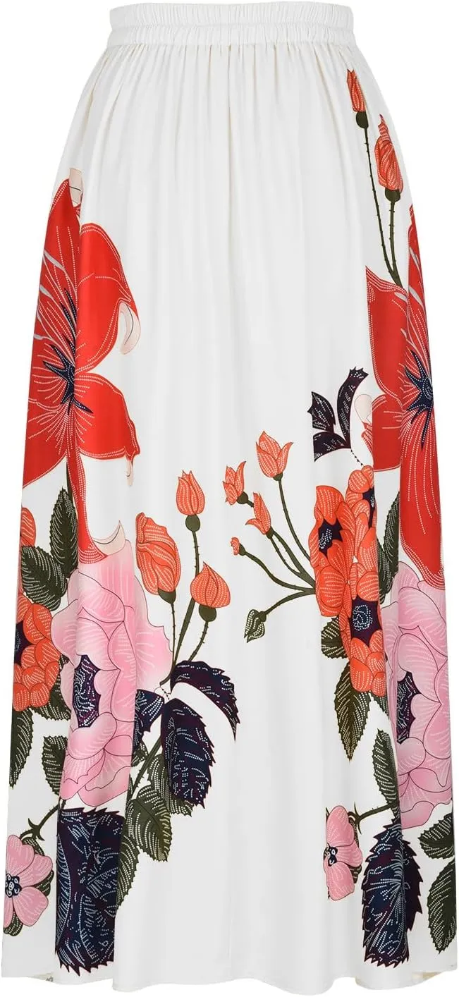 Women's Boho Skirts Vintage Dressy Loose Fit Floral Printed Skirts Trendy High Waist Flowy Swing Maxi Skirts Pockets