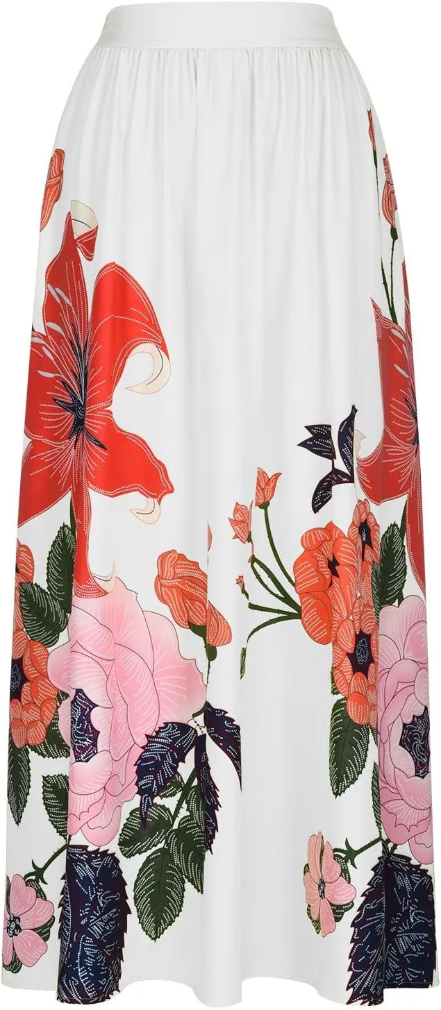Women's Boho Skirts Vintage Dressy Loose Fit Floral Printed Skirts Trendy High Waist Flowy Swing Maxi Skirts Pockets