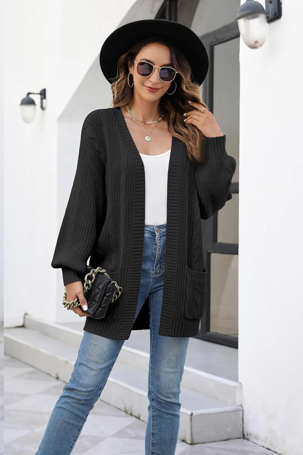 Women's Cable Knit Cardigan Sweaters Open Front Long Sleeve Oversized Cardigans Chunky Fall Pockets Outerwear